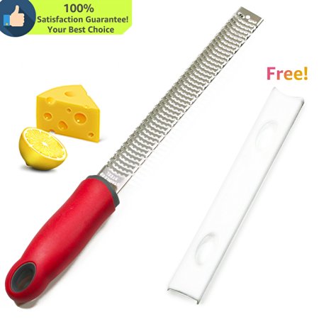 Lemon Zester, Cheese Grater With Protective Cover, Premium 18/8 Sharp Stainless Steel Blade, Easy Grip Red Non-Slip Handle