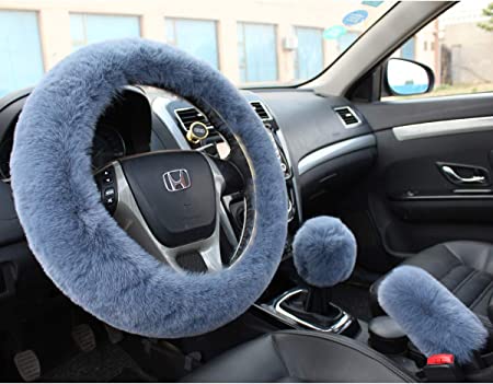 Valleycomfy Fashion Steering Wheel Covers for Women/Girls/Ladies Australia Pure Wool 15 Inch 1 Set 3 Pcs, Gray