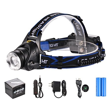 3 modes Waterproof LED Headlamp with Telescopic focusing 1800 Lumens light with Rechargeable Batteries Wall Charger Car Charger and USB Cable Included