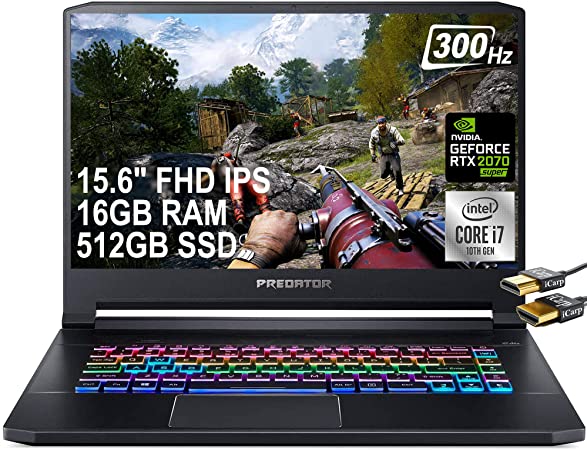 Flagship 2021 Acer Predator Triton 500 Gaming 15 Laptop 15.6" FHD IPS 300Hz (100% sRGB) Intel Core i7-10750H 16GB RAM 512GB SSD GeForce RTX 2070 SUPER 8GB RGB Backlit KB Win10 Black + iCarp HDMI Cable