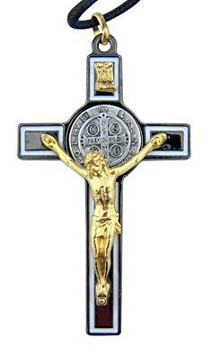 Black Enamel Gold Tone Saint Benedict Icon Cross Crucifix Pendant, 3 Inch