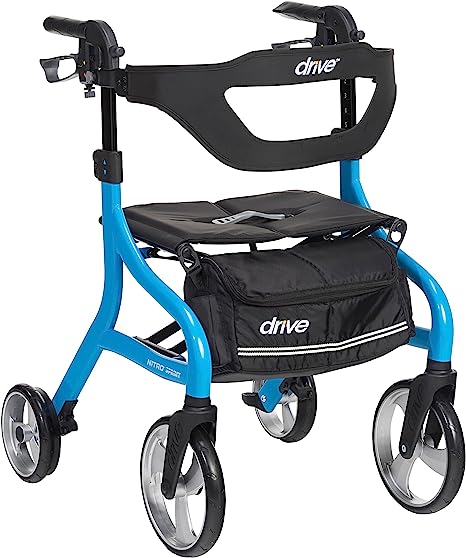 Drive Medical Nitro Sprint Foldable Rollator Walker with Seat, Standard Height Lightweight Rollator with Large Wheels, Folding Rolling Walker, Walker Rollator with Seat, Blue