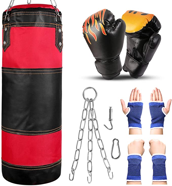 Odoland 7-in-1 Punching Bag Heavy Bag UNFILLED Set with 6oz Punching Gloves and Hand Wrist Protective Sleeves for Kids Youth, 2FT MMA Muay Thai Boxing Heavy Punching Training Bag