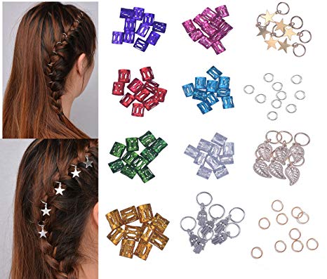 Geoot 100 Pieces Aluminum Hair Cuffs Hair braiding Beads Hair Braid Rings and 64 Pieces Hand, Leaves, Star, Cross, Gold Ring Set Hair Clip Headband Hair accessories (Multi-colored)