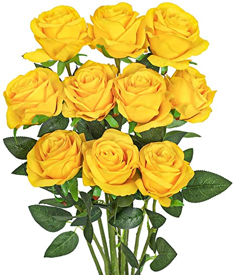 Luyue Artificial Silk Rose Flower Bouquet Wedding Party Home Decor, Pack of 10-Pure Yellow