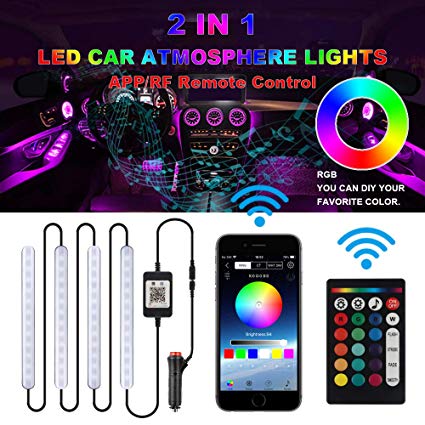 TACHICO Car LED Strip Lights APP/RF Wireless Remote Control Car Interior 4pcs Multi-Color music Waterproof Lights Kit Strips with Sound control Car Charger Included DC 12V