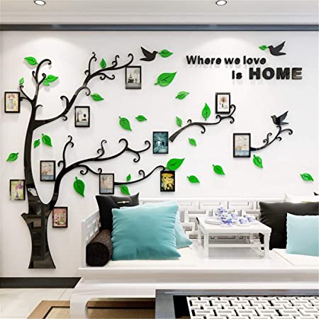 Unitendo 3D Acrylic Tree Wall Stickers Photo Frames FamilyTree Wall Decal Easy to Install &Apply DIY Photo Gallery Frame Decor Sticker Home Art Decor (Green Leaves-Left, L)