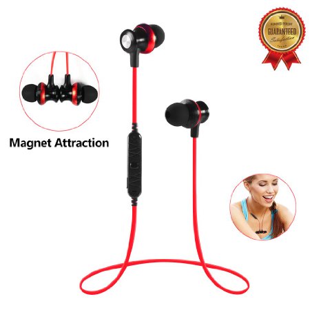 Bluetooth Headphones, V4.0 Wireless Stereo Bluetooth Earphones In-Ear Noise Cancelling Sweatproof Sport Headset Earbuds with Microphone, [Magnet Attraction] (Red)