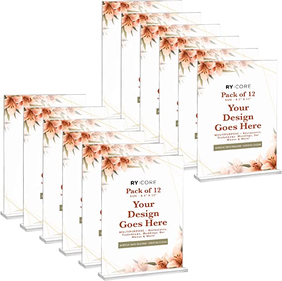 Group Vertical [12 Pack Acrylic Sign Holders, Double-Sided Display Stand with Clear Frames and Flat Base, Acrylic Table Display for Weddings, Dinner Party, Restaurants, 8.5''x11''