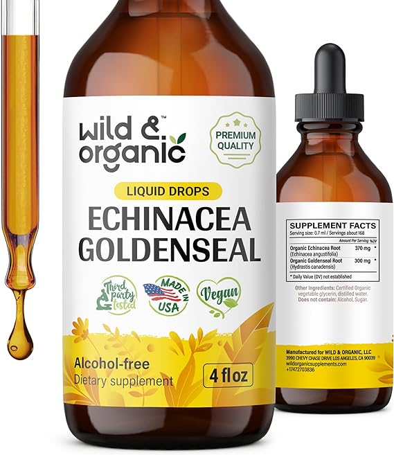 Echinacea Goldenseal Drops - Organic Echinacea Goldenseal Root Liquid Extract - Herbal Supplement - Vegan, Alcohol Free Tincture - 4 fl oz