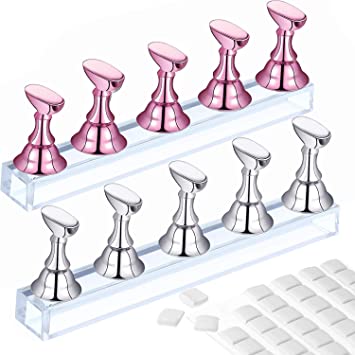2 Set Acrylic Nail Practice Stand Magnetic Nail Tip Art Display Stand Holder Manicure Tool with Reusable Adhesive Putty Clay for Home Salon Makeup (MetalPink and Silver)