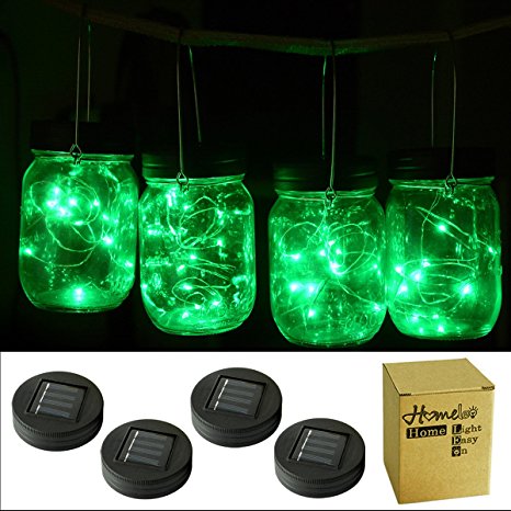 Homeleo 4 Pack Green Watertight Solar Mason Jar Light Lid LED String Fairy Light for Regular Mouth(Jars NOT Included)