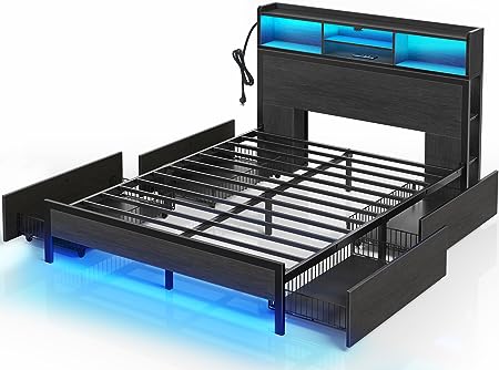 Rolanstar Full Bed Frame with Storage Headboard, Metal Platform Bed with Charging Station, LED Bed Frame with 4 Drawers, Bookcase Storage, No Box Spring Needed, Easy Assembly, Noise-Free, Black