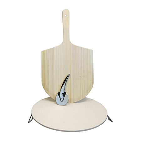 Pizza Making Kit with Oven Cooking Stone, Wooden Pizza Peel, and Stainless Steel Pizza Cutter.
