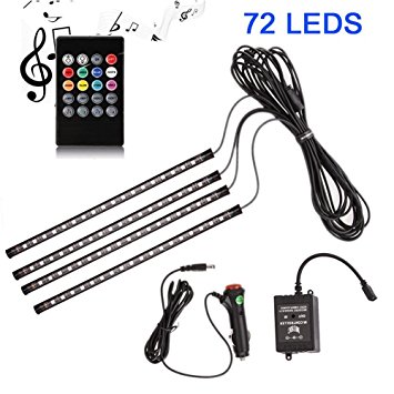 ANSCHE Car LED Interior Lights, 72 LEDs 12V Led Strip Lighting Kit RGB Underdash Footwell Ambient Neon Multi Colour Van Decoration Universal Mood Lights with RF Remote Control, Car Charger Included