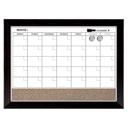 Quartet Combination Magnetic Whiteboard Calendar & Corkboard, 17" x 23" Combo White Board & Cork Board, Wood Finish Frame, Assorted Colors (79259)