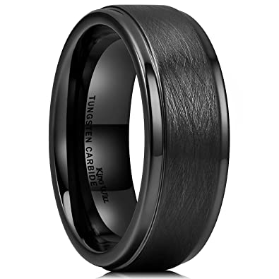 King Will Classic 8mm Tungsten Carbide Ring Black Brushed Two Grooved Center Mens Wedding Band