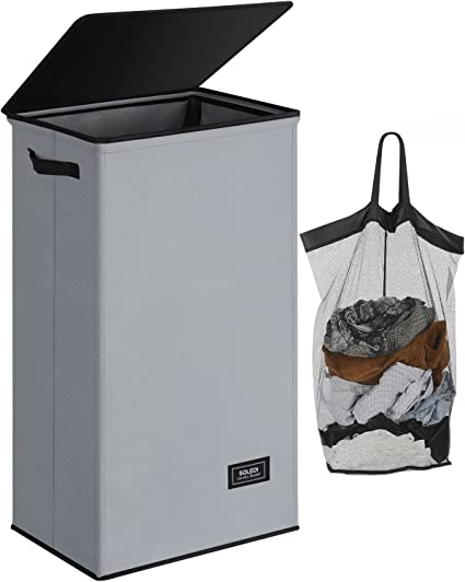 SOLEDI Laundry Hamper with Lid 100L Large & Tall Collapsible Laundry Basket, Clothes Hamper with Bag Removable Easy to Carry, Dirty Hampers for Bedroom, Bathroom, Dorm, College, Blue Grey