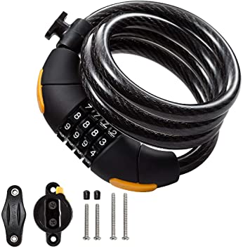 Bike Lock Combination Cable Lock-Via Velo Combinationa Lock with 4-Feet Bike Cable Basic Self Coiling Resettable Combination with Complimentary Mounting Bracket, 4 Feet x 1/2 inch(12mm) Cable.