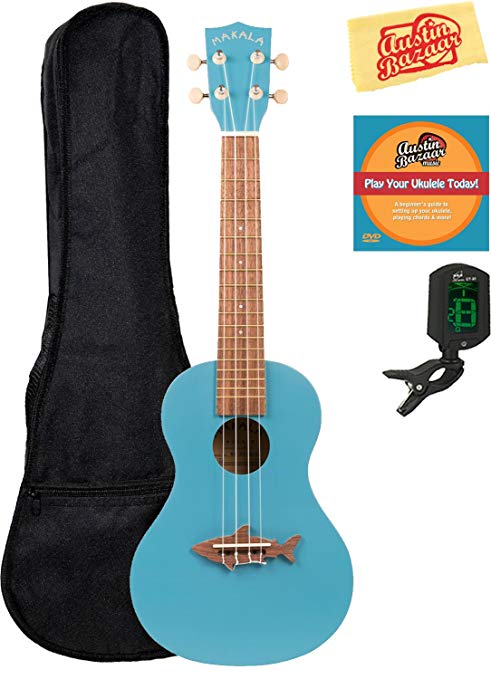 Kala MK-CS-BLU Makala Shark Concert Ukulele - Mako Blue Bundle with Gig Bag, Tuner, Austin Bazaar Instructional DVD, and Polishing Cloth