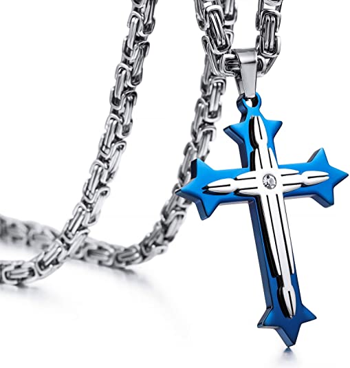 INBLUE Cross Necklace Pendant for Men Boys Women Girls Stainless Steel Cross Faith Necklace Cubic Zirconia Christian Prayer Gifts Friendship Jewelry with 22/24 inches Byzantine Chain