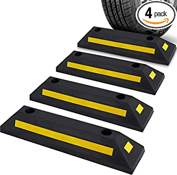 Pyle Curb Garage Vehicle Floor Safety 1PC Heavy Duty Rubber Parking Lot Driveway Stopper, for Car Vans Trucks Tire Wheel Guide Block Protect Bumper, 4 Pack PCRSTP11X4, Multicolored