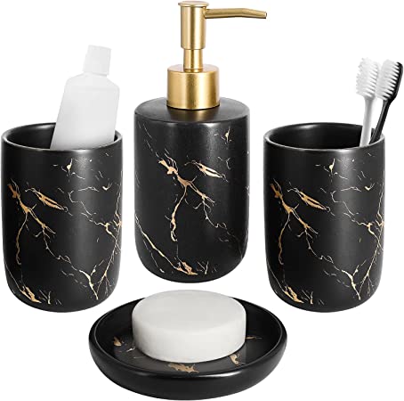 Ceramic Bathroom Accessories Set of 4 - Lotion Soap Dispenser, 2 Tumblers Toothbrush Holder, Soap Dish - Matte Black Gold Marble Look Countertop Vanity Organizer Storage for New Apartment Essentials