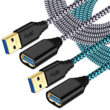 Besgoods 2-Pack Nylon Braided 10ft USB 3.0 Extension Cable – A Male to A Female USB to USB Extension Cable with Gold-Plated Connector - Blue White