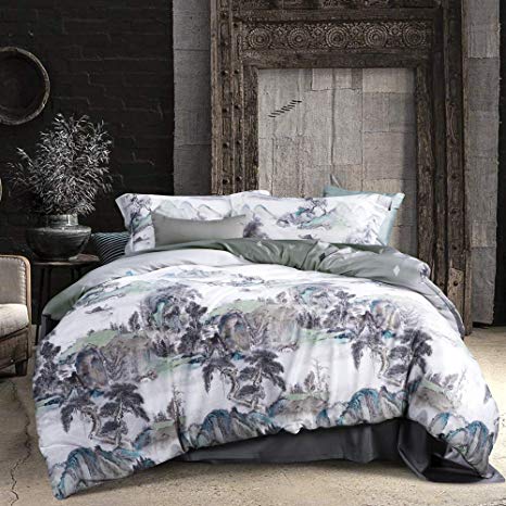 MILDLY Bedding Duvet Cover Sets Queen Size, 100% Egyptian Cotton Duvet Cover with Zipper Closure and 2 Pillow Shams, Forest Theme with Trees and Mountains Surrounding,Vincent
