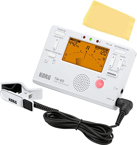 Korg TM-60C Combo Tuner Metronome   Contact Microphone Bundle with Austin Bazaar Polishing Cloth - White