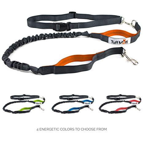 Tuff Mutt - Hands Free Dog Leash for Running, Walking, Hiking, Durable Dual-Handle Bungee Leash, Reflective Stitching, 4-Foot Long, Adjustable Waist Belt (Fits up to 42" waist)