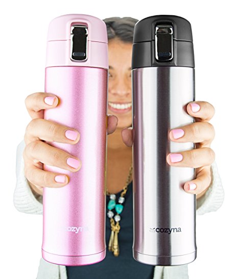 Insulated Travel Mug for Coffee And Tea by Cozyna, Stainless Steel, 16 oz, Silver and Pink