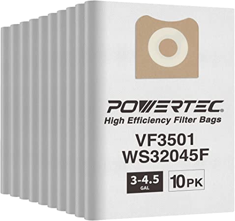 POWERTEC 75017-P2 High Efficiency Replacement Filter Bag for Ridgid/Workshop Wet/Dry Vacuum VF3501 / WS32045F - 10 Pack