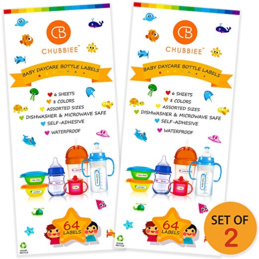 Baby Bottle Labels for Daycare, Waterproof Write-On Name Labels, Assorted Sizes & Colors, Pack of 128, Plus 2 Bonus Gifts (Rainbow, Set of 2)