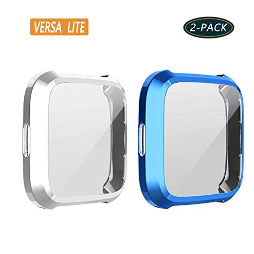 KPYJA (2-Pack) for Fitbit Versa Lite Edition Screen Protector Case, TPU Plated Case All-Around Protective Screen Full Cover Bumper - Compatible Fitbit Versa Lite Edition 2019 Only (Silver/Blue)