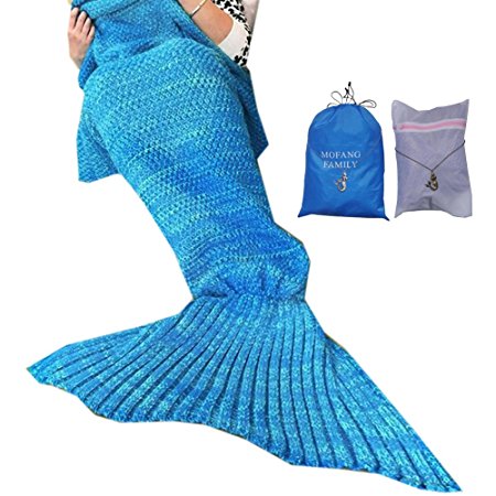 MOFANG FAMILY Soft Mermaid Tail Blanket Sofa Quilts Sleeping Bag for kids Adult 71"x35" BLUE with Carry Pouch and Washing Bag