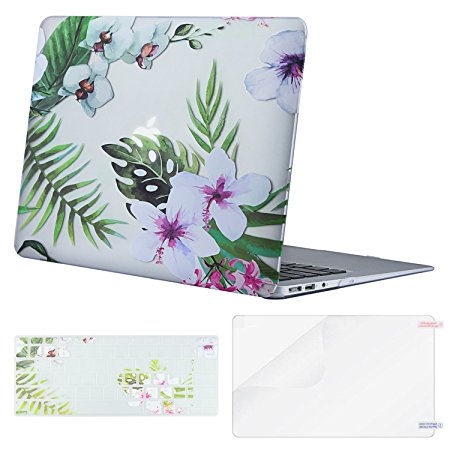 Mosiso Plastic Pattern Hard Case with Keyboard Cover with Screen Protector for MacBook Air 13 Inch (Model: A1369 and A1466), Palm Leaves with White Flowers