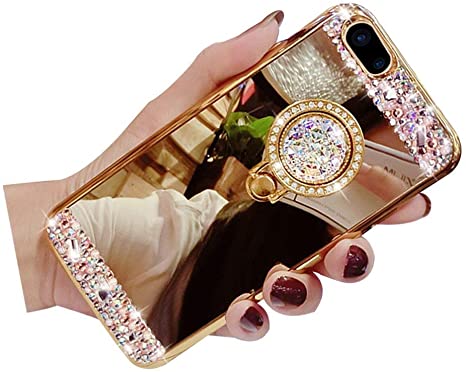 Inspirationc iPhone 7 Case,iPhone 8 Case, Luxury Crystal Rhinestone Soft Rubber Bling Diamond Glitter Mirror Makeup Case for iPhone 8 4.7 Inch with Detachable 360 Degree Ring Stand-Gold