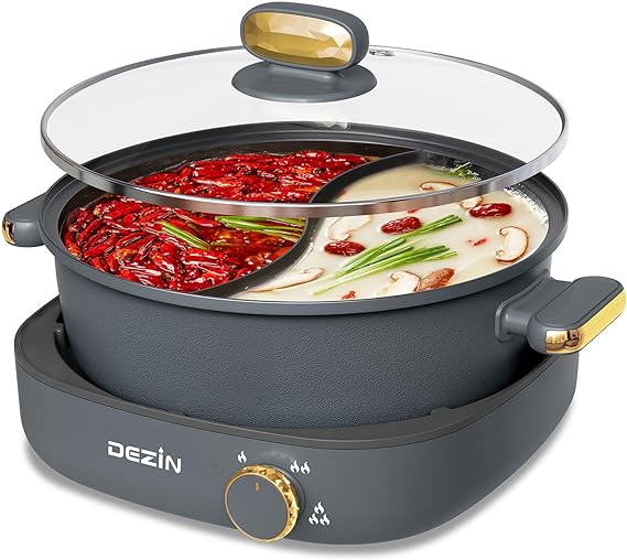 Dezin Hot Pot Electric with Divider, 4L Electric Shabu Shabu with Dual-Flavor Pot,3.7" Depth Nonstick Dual Side Electric Pot with Multi-Power Control for Party, Family and Friend Gathering