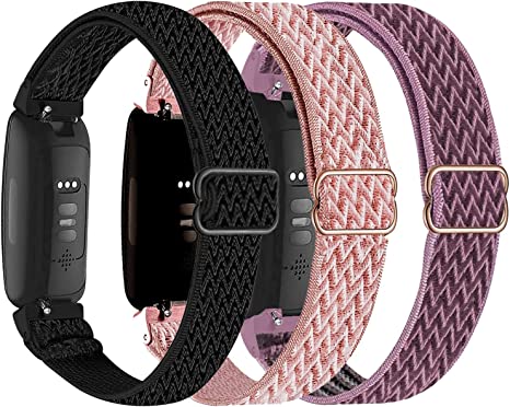 3-Pack Elastic Nylon Bands Compatible with Fitbit Inspire 3/Inspire 2/Inspire HR/Inspire/Ace 3/Ace 2, Breathable Adjustable Replacement Stretchy Nylon Loop Wristband Sport Strap for Woman Man