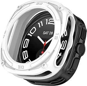 Case Covers Compatible with 2024 Samsung Galaxy Watch 7 Ultra 47mm, Anti-Scratch Protective Case Shockproof Bumper, Hard Bumper Built-in Tempered Glass Film for Women Men (White)