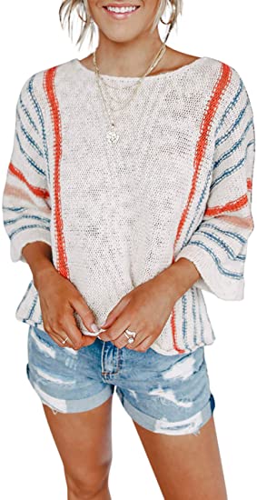 Dokotoo Womens Cute Summer Color Block Striped Lightweight Comfy Cable Knit Beach Pullover Sweaters