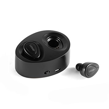 LESHP Bluetooth Earphone Universal Mini Wireless Portable Bluetooth Headphones Dual Stereo Handsfree Earbuds In-Ear Headsets Car Earphones Built-in Microphone with Charging Dock for IOS Andriod (Black)