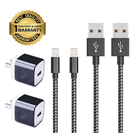 Poweron 2 Pack Wall Charger 3ft 8 Pin Charger Nylon Braided Cable Sync Data For iPhone X, 8, 8 Plus, 7, 7 Plus, 6, 6S, 6 Plus 5 5S 5C iPod Touch 5th Nano 7th -Fit All Cover (Black)