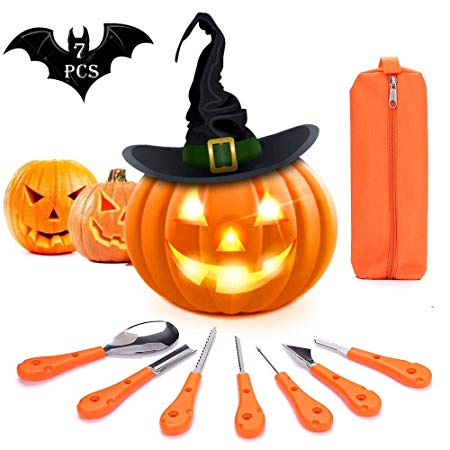 KIPIDA Halloween Pumpkin Carving Kit, 7 Pieces Professional Pumpkin Carving Tools Set Heavy Duty Stainless Steel Pumpkin Carving Knife for Halloween Decoration, Easily Sculpting with Carrying Case