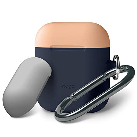 elago AirPods Duo Hang Case [Body:Jean Indigo/TOP:Peach, Grey] - [Extra Protection] [Hassle Free][Added Carabiner] - for AirPods Case