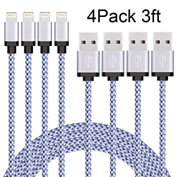 iPhone Charger , Sundix Lightning Cable 4Pack 3FT Nylon Braided Sync Cable Cord Compatible with iPhone 7/7 plus, iPhone 6/6s/6 plus/6s plus, 5c/5s/5, SE, iPad /iPod(White)