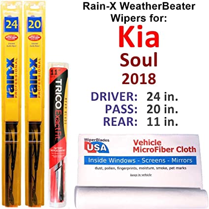 Rain-X WeatherBeater Wipers for 2018 Kia Soul Set w/Rear Rain-X WeatherBeater Conventional Blades Wipers Set Bundled with MicroFiber Interior Car Cloth