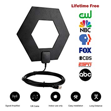 TV Antenna, 10FT Coaxial Cable Cord 720P 1080P 4K Full HD Antenna, 35 Miles Long Range Reception High Performance Hexagon Indoor HDTV Antenna Lifetime Free Access to Local Channels