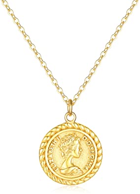 Mevecco Carved Gold Coin Pendant Necklace for Women Girls Men,14K Gold Plated Dainty Minimalist Necklace for Women
